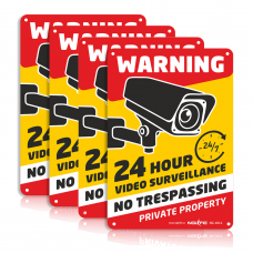 NGLIFE 4-Pack 24 Hour Private Property Video Surveillance Sign, No Trespassing Aluminum Warning Sign, 10x7 inch CCTV Security Camera, UV Protected & Waterproof Indoor/Outdoor Use for Home Business