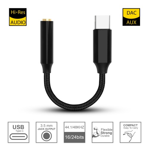 NGLIFE USB Type C Male to 3.5mm Female Jack Adapter - Audio Cable Stereo Earphone Headphone Converter with Realtek DAC Hi-res Noise Reduction chip 44/48KHZ Output for Android Phones
